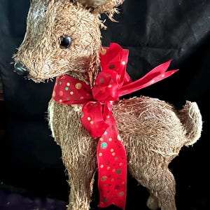 Darling Wooded Resin Reindeer! Floral and Decor, Whimsical Christmas Winter Holiday Decoration; Snowy Antlers & a Big Bow, 16”H, Bunny Tail!