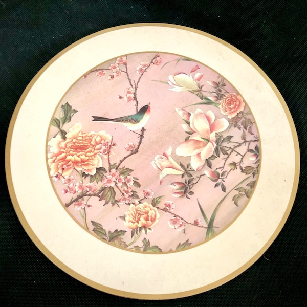 Exceptionally Rare Pimpernel Antique Round Placemats, Set of 6, with Original Flower and Birds Print, Cork Backed, 10” Excellent Collection