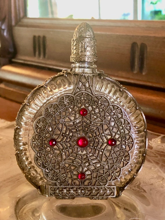 Spiderweb Filigree Perfume Bottle: Ruby Crystals,… - image 2