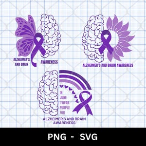 Alzheimer en Brain Awareness Month SVG PNG-bundel, Purple Ribbon-shirt Ziekte van Alzheimer, Alzheimer Family Support, Alzheimer Warrior