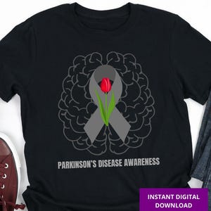 Concientización sobre la enfermedad de Parkinson. Tulipán rojo y cinta plateada. Clipart cerebral. Cinta gris para Parkinson. Sublimación. Camiseta de apoyo a la enfermedad de Parkinson.