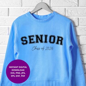 Senior 2026 SVG PNG bundle featuring four unique designs in modern retro groovy, varsity, and stacked fonts for Class of 2026 graduation crafts. Ideal for making custom shirts, decals, mugs, tote bags, and gifts. Compatible with Cricut Maker, Silhouette Cameo, Glowforge laser cutting, DTF, DTG, and Sawgrass sublimation. Perfect for high school seniors, crafters, and Etsy sellers creating graduation merchandise. Also in other formats.