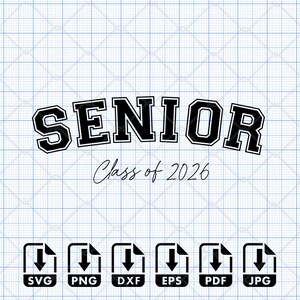 Mega Senior 2026 SVG bundle with four digital designs in black including retro wavy groovy text, varsity lettering, and stacked styles for Class of 2026. Great for creating graduation shirts, senior mom gifts, and school spirit items. These SVG and PNG files are compatible with Cricut Maker, Silhouette Cameo, Glowforge laser cut, DTF, DTG, and Sawgrass sublimation printing. Perfect for DIY crafters and small business use. In SVG, PNG, JPG, EPS, DXF, PDF.