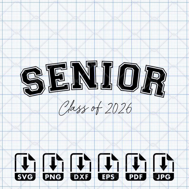 Mega Senior 2026 SVG bundle with four digital designs in black including retro wavy groovy text, varsity lettering, and stacked styles for Class of 2026. Great for creating graduation shirts, senior mom gifts, and school spirit items. These SVG and PNG files are compatible with Cricut Maker, Silhouette Cameo, Glowforge laser cut, DTF, DTG, and Sawgrass sublimation printing. Perfect for DIY crafters and small business use. In SVG, PNG, JPG, EPS, DXF, PDF.