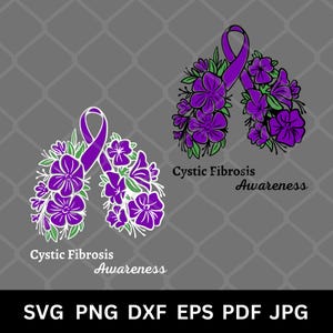 Puede incluir: Cinta morada en forma de pulmones con flores moradas que la rodean. El texto "Cystic Fibrosis Awareness" está debajo de la imagen.