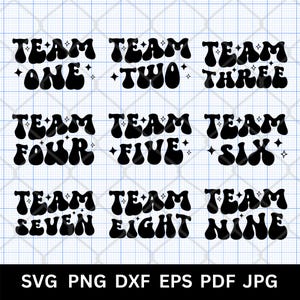Lot de PNG SVG équipe, chemise d'équipe groovy rétro, dessins de numéros d'équipe assortis, fichiers de coupe tendance texte ondulé pour Cricut & Silhouette, équipe sportive