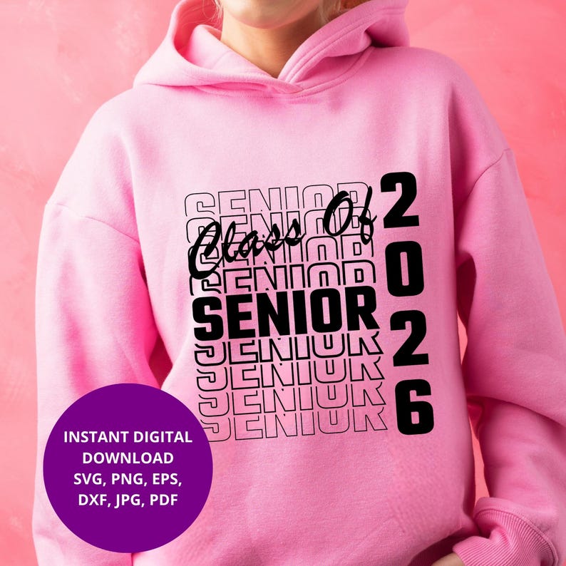 Black stacked "Senior Class of 2026" text design in SVG, PNG, and other formats, ideal for Graduation 2026 crafts and senior t-shirts. Perfect digital file for Cricut Maker, Silhouette Cameo, Glowforge laser cutting, DTG, DTF, and Sawgrass Sublimation. This bold and modern senior 2026 SVG is perfect for high school students, senior moms, and DIY gifts. Great for graduation party decor and senior year keepsakes. Download and start crafting your Class of 2026 creations.