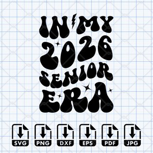 Bundle of 4 Class of 2026 Senior SVG PNG designs featuring retro wavy groovy font, varsity letters, and stacked text styles in black. Perfect for creating senior 2026 shirts, graduation gifts, and custom crafts. Compatible with Cricut Maker, Silhouette Cameo, Glowforge laser cut, DTF, DTG, and Sawgrass sublimation. Ideal for high school seniors, senior moms, and small business crafters making decals, mugs, tote bags, and more. Also in other formats.
