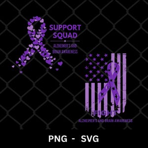 Alzheimer und Gehirn Awareness SVG PNG Bundle, Alzheimer Krankheit Purple Ribbon Shirt, Alzheimer Support Squad, Alzheimer US Flagge Kampf