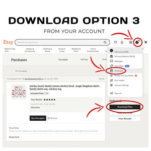 May include: Screenshot of an Etsy account showing the "Purchases" section. The image highlights the steps to download files from a purchase, including clicking on the profile icon, selecting "Purchases," and then clicking "Download Files."