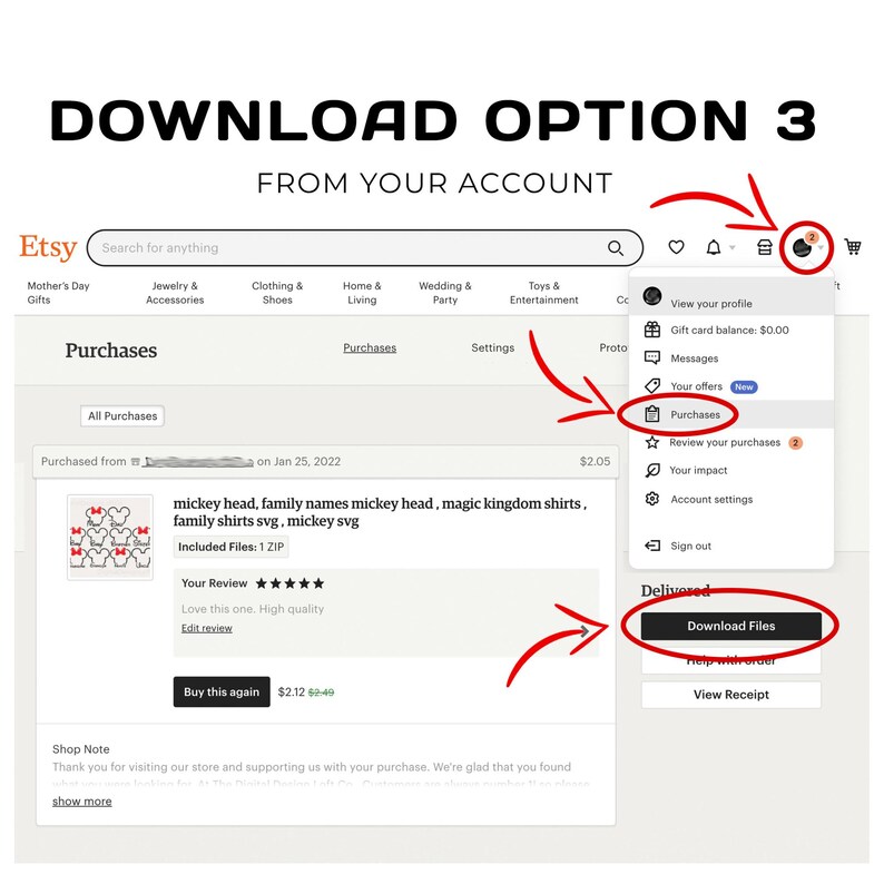 May include: Screenshot of an Etsy account showing the "Purchases" section. The image highlights the steps to download files from a purchase, including clicking on the profile icon, selecting "Purchases," and then clicking "Download Files."