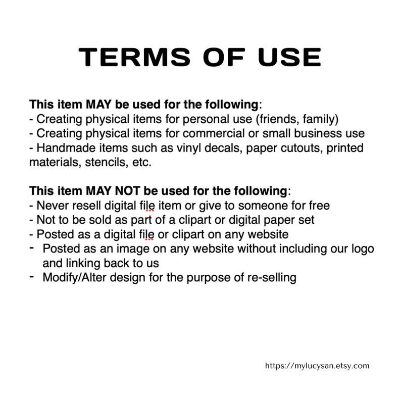 May include: White document with the title "TERMS OF USE" in bold black letters. The document outlines permitted and prohibited uses of an item, including personal and commercial applications, and restrictions on resale and digital distribution.