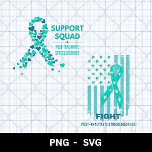 Consapevolezza del disturbo da stress post-traumatico in formato svg png Support Squad, nastro turchese a forma di cuore, bandiera americana per combattere il disturbo da stress post-traumatico, stampa a sublimazione su maglietta, Cricut