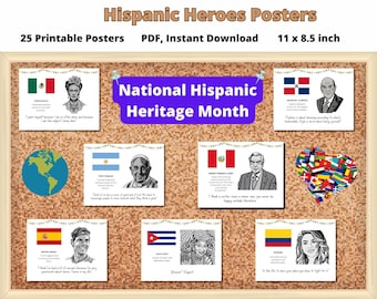 Hispanic Heritage Month Posters 25 Latin Leaders, Quotes (PDF Printable 11x8.5in Sheet) Classroom Bulletin Board Set, Classroom Office Decor