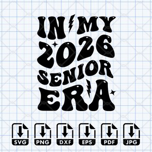 Bundle of 4 Class of 2026 Senior SVG PNG designs featuring retro wavy groovy font, varsity letters, and stacked text styles in black. Perfect for creating senior 2026 shirts, graduation gifts, and custom crafts. Compatible with Cricut Maker, Silhouette Cameo, Glowforge laser cut, DTF, DTG, and Sawgrass sublimation. Ideal for high school seniors, senior moms, and small business crafters making decals, mugs, tote bags, and more. Also in other formats.