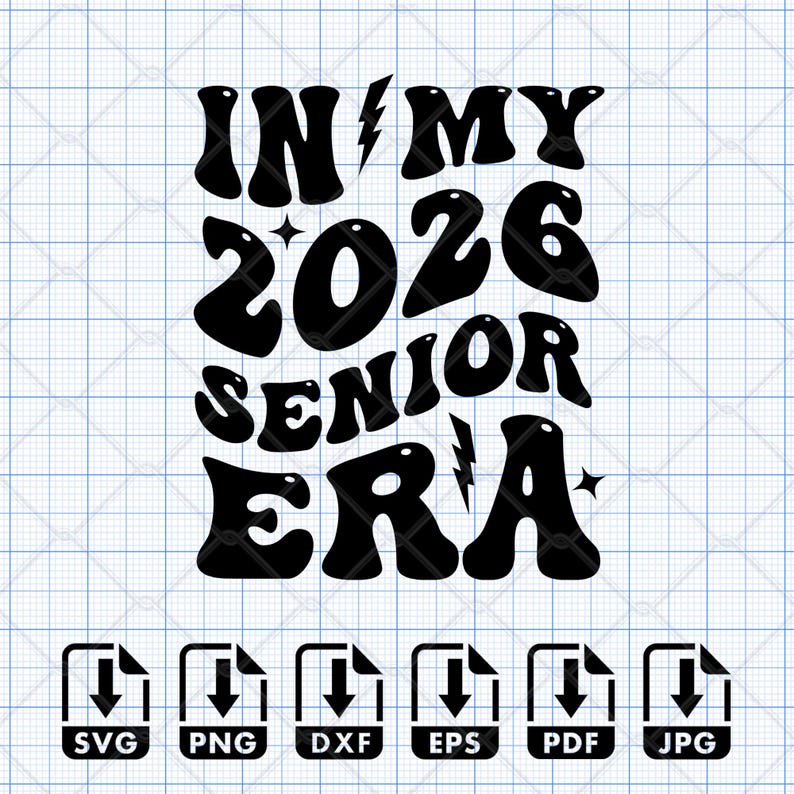 Bundle of 4 Class of 2026 Senior SVG PNG designs featuring retro wavy groovy font, varsity letters, and stacked text styles in black. Perfect for creating senior 2026 shirts, graduation gifts, and custom crafts. Compatible with Cricut Maker, Silhouette Cameo, Glowforge laser cut, DTF, DTG, and Sawgrass sublimation. Ideal for high school seniors, senior moms, and small business crafters making decals, mugs, tote bags, and more. Also in other formats.