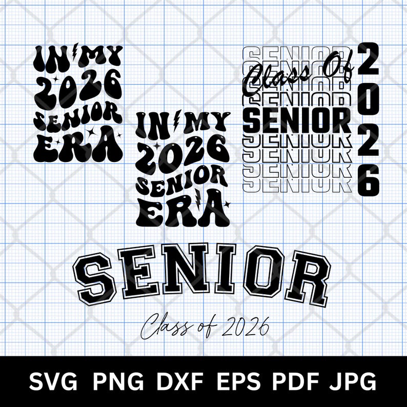 Bundle of 4 Class of 2026 Senior SVG PNG designs featuring retro wavy groovy font, varsity letters, and stacked text styles in black. Perfect for creating senior 2026 shirts, graduation gifts, and custom crafts. Compatible with Cricut Maker, Silhouette Cameo, Glowforge laser cut, DTF, DTG, and Sawgrass sublimation. Ideal for high school seniors, senior moms, and small business crafters making decals, mugs, tote bags, and more. Also in other formats.