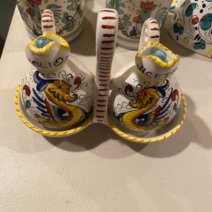 Deruta Ceramiche Italian Art Pottery Raffaellesco Olive Oil & Water Set in Carrier. Very Rare and Unique!!