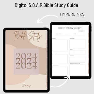 May include: A digital Bible study guide with hyperlinks. The guide is designed for use with a tablet or computer. The guide includes sections for Bible verse, date, summary, main theme, application, people, locations, and how to apply this in my life.