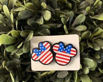 Mouse Inspired Red White Blue Patriotic Stripes Girl Bow Stud Earrings