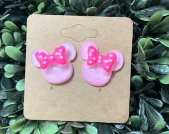Mouse pink polka dot bow inspired resin Stud Earrings