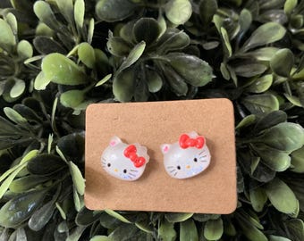 Kitten bow glitter RED stud earrings