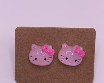Kitten bow glitter PINK stud earrings