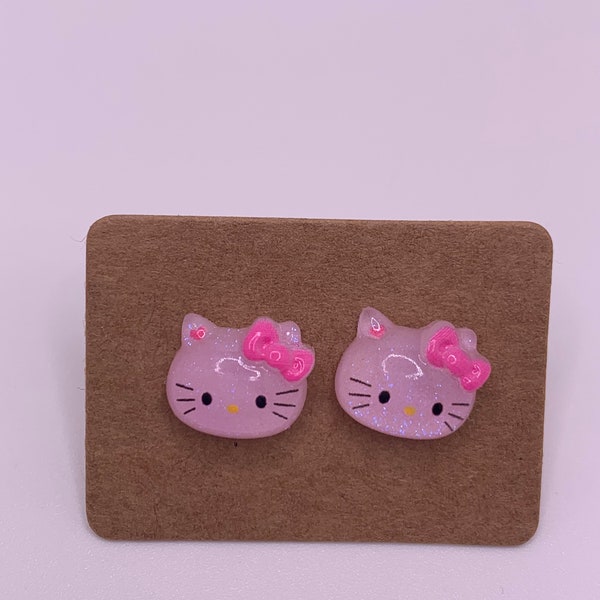 Kitten bow glitter PINK stud earrings