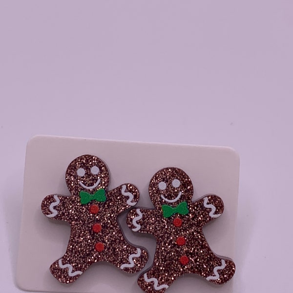 Gingerbread Man Christmas Glitter Stud Earrings