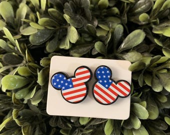 Mouse Inspired Red White Blue Patriotic Stripes Boy Stud Earrings