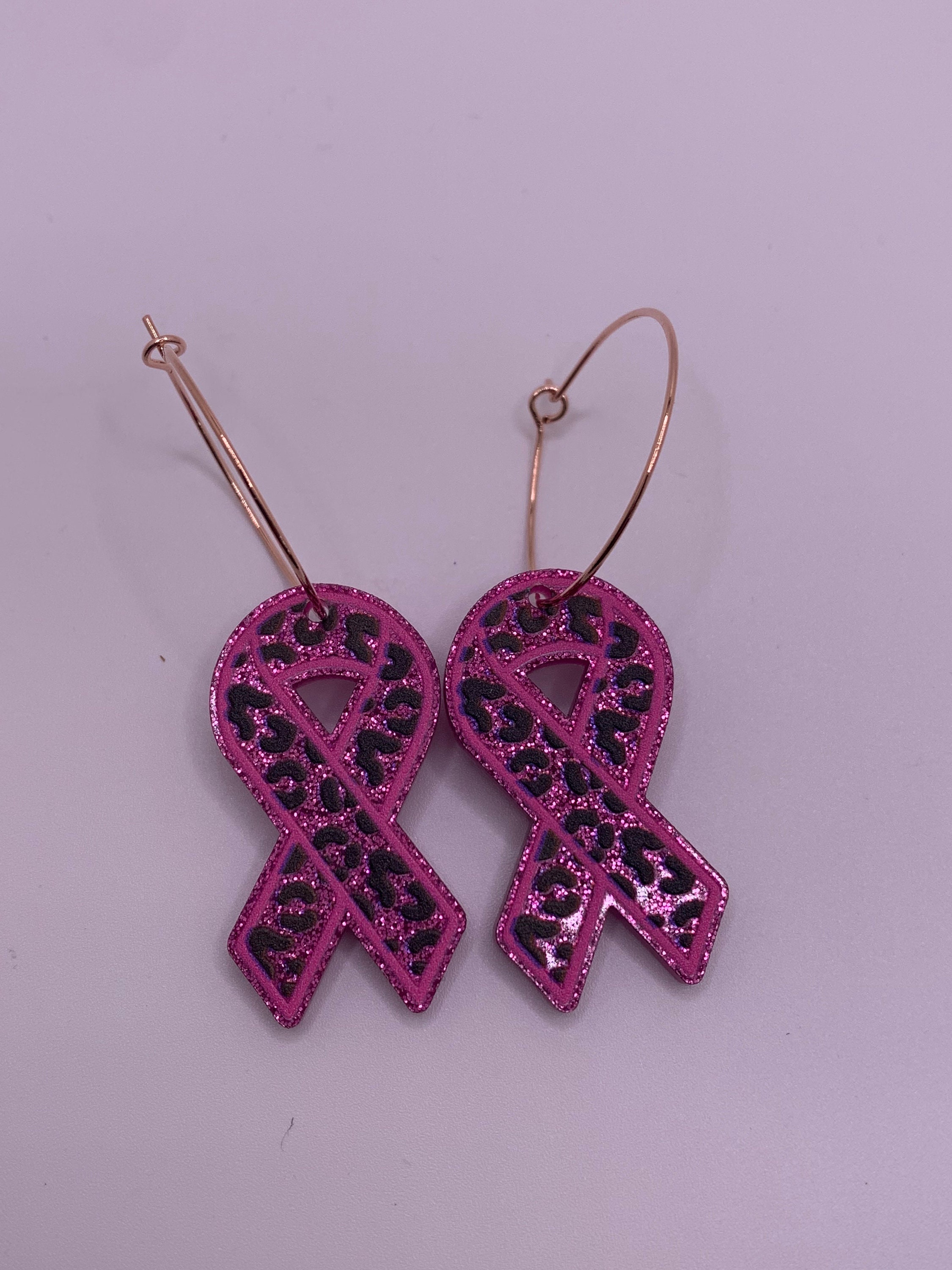 Breast Cancer Ribbon Animal Print Glitter Hoop Acrylic Dangle Earrings ...