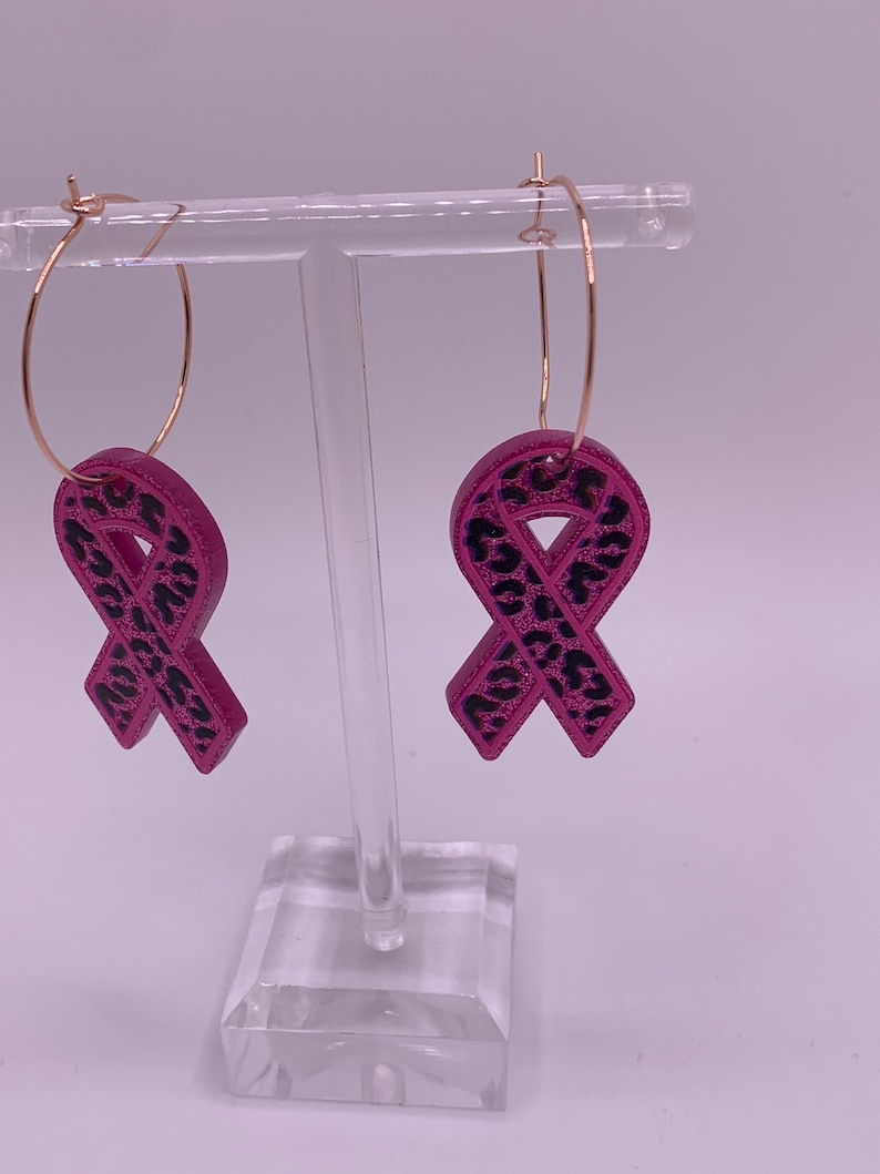 Breast Cancer Ribbon Animal Print Glitter Hoop Acrylic Dangle Earrings ...