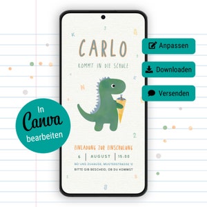 convite digital para matrícula escolar / motivo dinossauro, fã dinossauro / modelo Canva personalizável / modelo de convite WhatsApp
