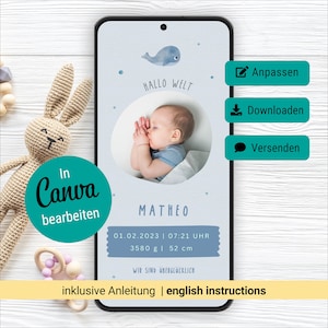 Digitale geboorteaankondiging / babyaankondiging, ecard geboortekaart / geboortekaart / aanpasbare Canva-sjabloon