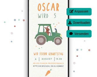 digital birthday invitation tractor farm, digital invitation, personalized template, WhatsApp invitation template