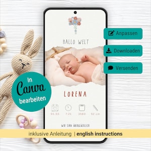 Anuncio de nacimiento digital / anuncio de bebé, tarjeta de nacimiento electrónica / tarjeta de nacimiento / plantilla de Canva personalizable