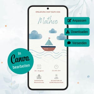 Invitación de bautismo digital, barco, tarjeta de invitación de bautismo digital, plantilla Canva alemana, invitación de bautismo, invitación de bautismo WhatsApp