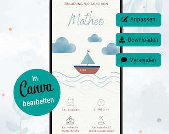 Digital baptism invitation, boat, digital baptism invitation card, German Canva template baptism invitation, baptism invitation Whatsapp