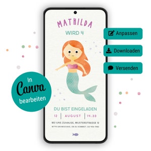 invitation anniversaire numérique sirène, invitation anniversaire enfant fête sous-marine, modèle Canva à remplir et à envoyer soi-même