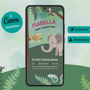 Digitale uitnodiging kinderfeestje, 1e verjaardag digitale gepersonaliseerde uitnodigingskaarten, eCard jungle feestuitnodiging Whatsapp