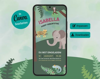 Digital invitation children's birthday, 1st birthday digital personalized invitation cards, eCard jungle party invitation Whatsapp