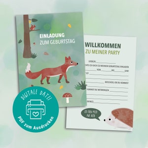 Geburtstagseinladung zum Ausdrucken, Kindergeburtstag Waldtiere, Fuchs, PDF-Datei zum Sofortdownload, Kindergeburtstag Einladung Lückentext