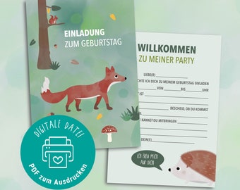 Verjaardagsuitnodiging om af te drukken, kinderverjaardagskaart met bosdieren, vos, PDF-bestand om direct te downloaden, kinderverjaardagsuitnodiging met lege tekst