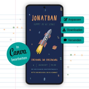 convite digital para matrícula escolar / espaço, foguete, universo / modelo Canva personalizável / modelo de convite WhatsApp