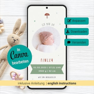 Annuncio di nascita digitale, annuncio di nascita neutro, biglietto di nascita elettronico, biglietto di nascita, modello Canva personalizzato