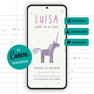 Convite para festa de matrícula escolar / Unicorn Girl / Convite digital, modelo personalizável do Canva / Modelo de convite do WhatsApp