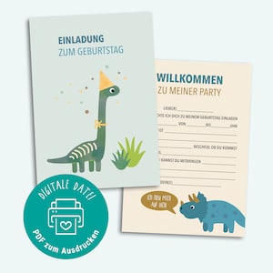 Uitnodiging voor een dinoverjaardag om af te drukken, uitnodigingskaart voor dinosaurussenfans, PDF om direct te downloaden, voor kinderverjaardagen met tekst die je zelf kunt invullen
