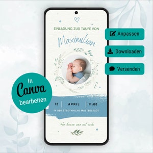 Invitation de baptême numérique - rameaux d'olivier, invitation numérique, modèle Canva personnalisable, modèle d'invitation WhatsApp