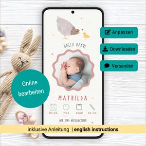 Digital birth announcement girl, chicken and chick, personalized birth card, birth card, customizable Canva template