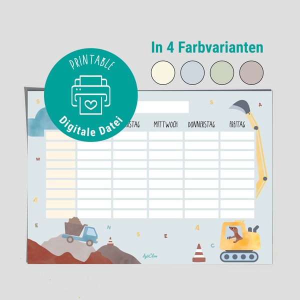 Stundenplan-Vorlage zum Ausdrucken / Baustelle, Bagger, Fahrzeuge / Stundenplan für Jungs / digitales PDF